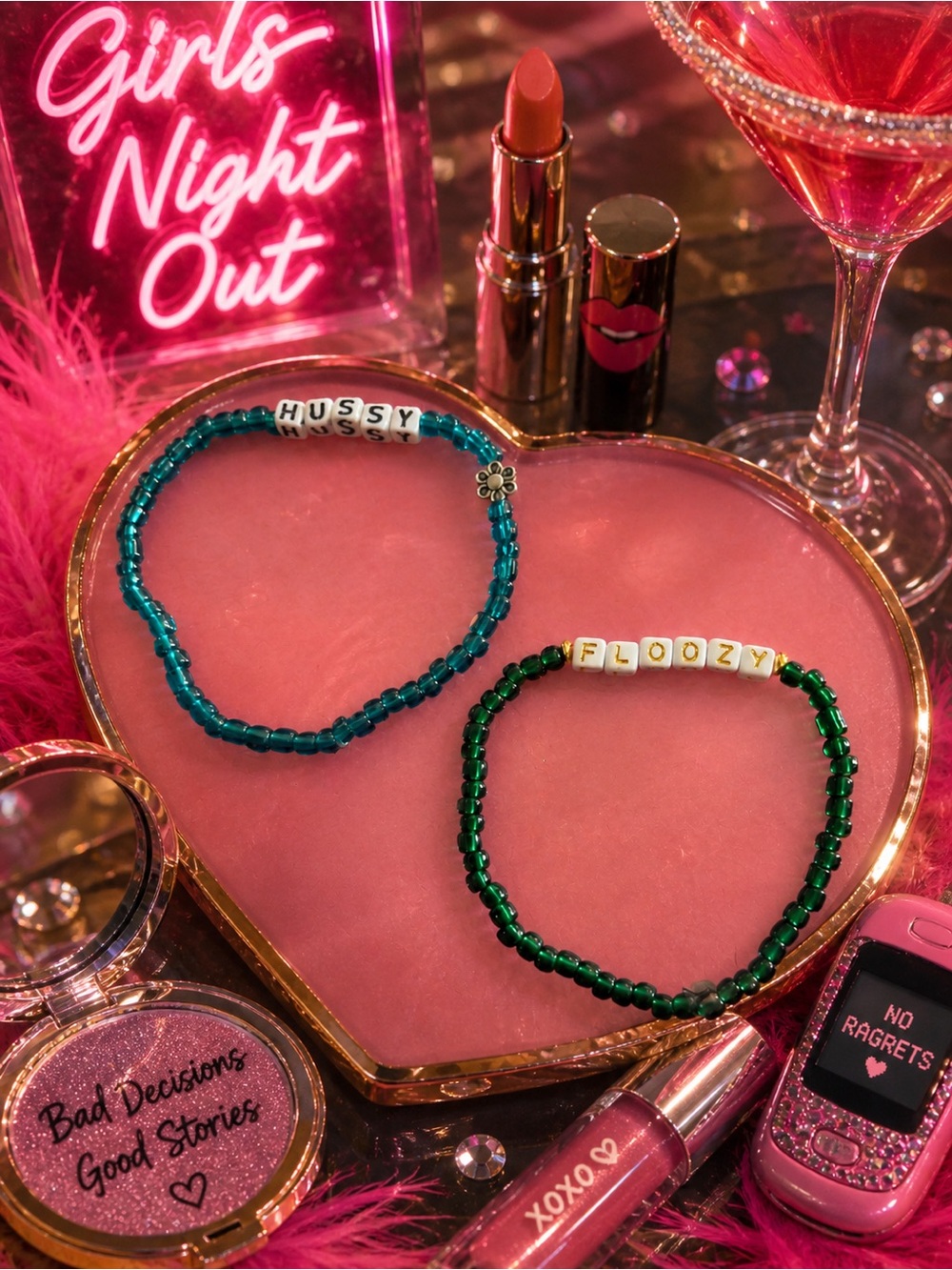 Girls Night Out Sassy Word Bracelet Set | Hussy & Floozy Beaded Bracelets. 8”